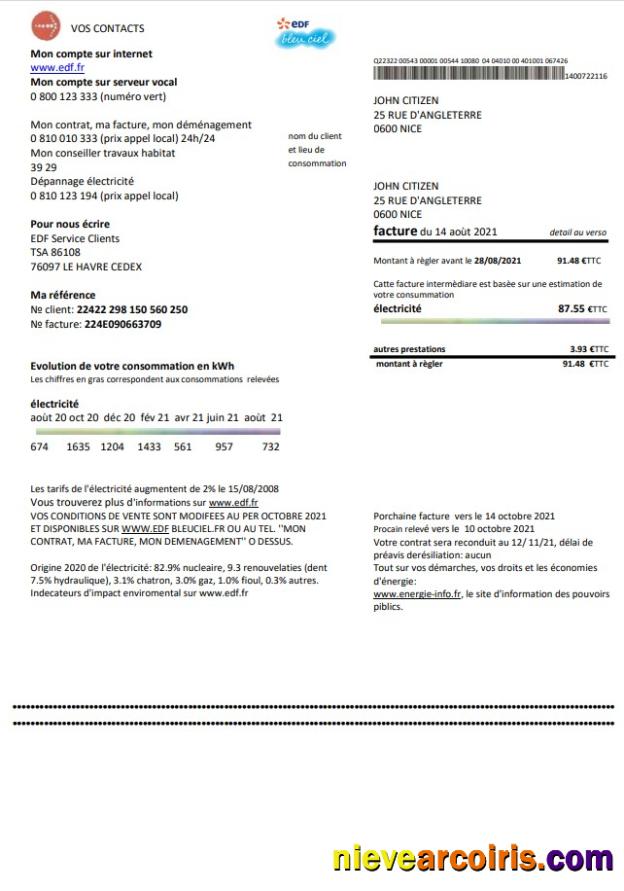 France EDF proof of address utility bill